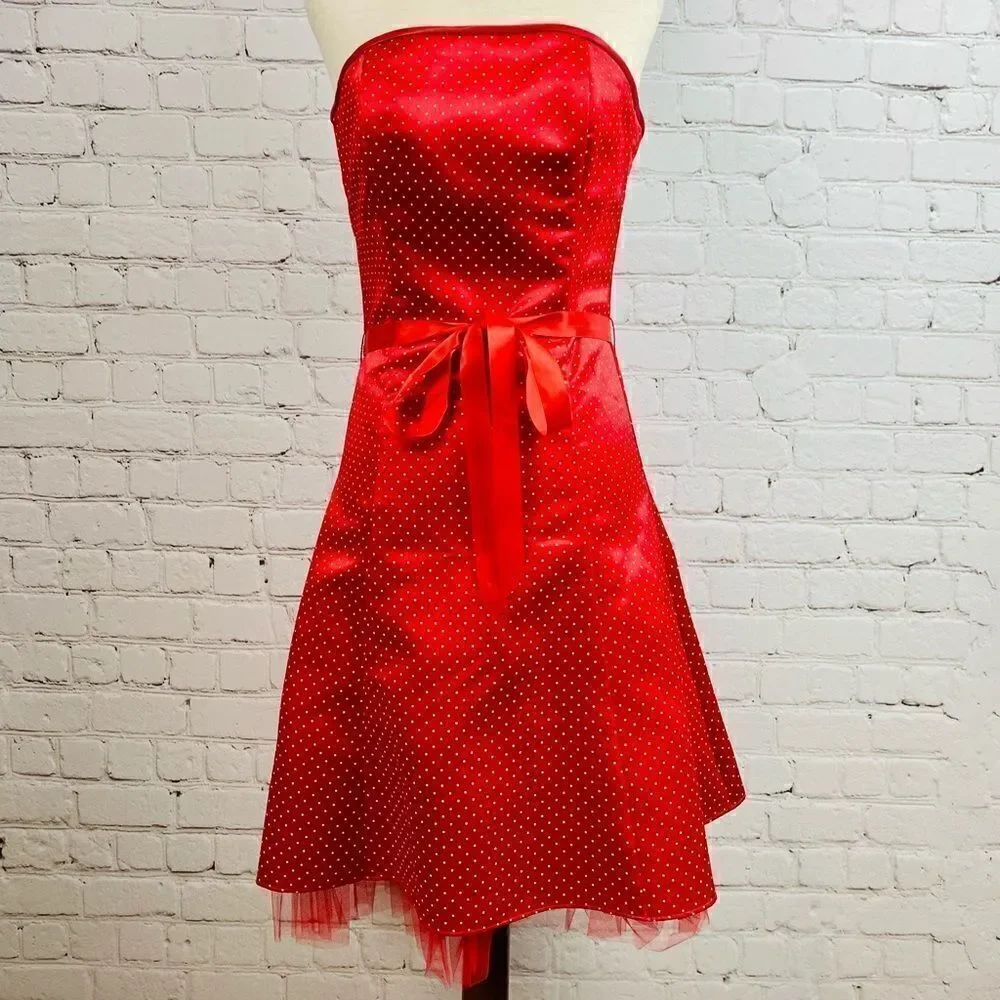 VTG 90s Gunne Sax Jessica McClintock Red Polka Dot Tulle Mini Dress